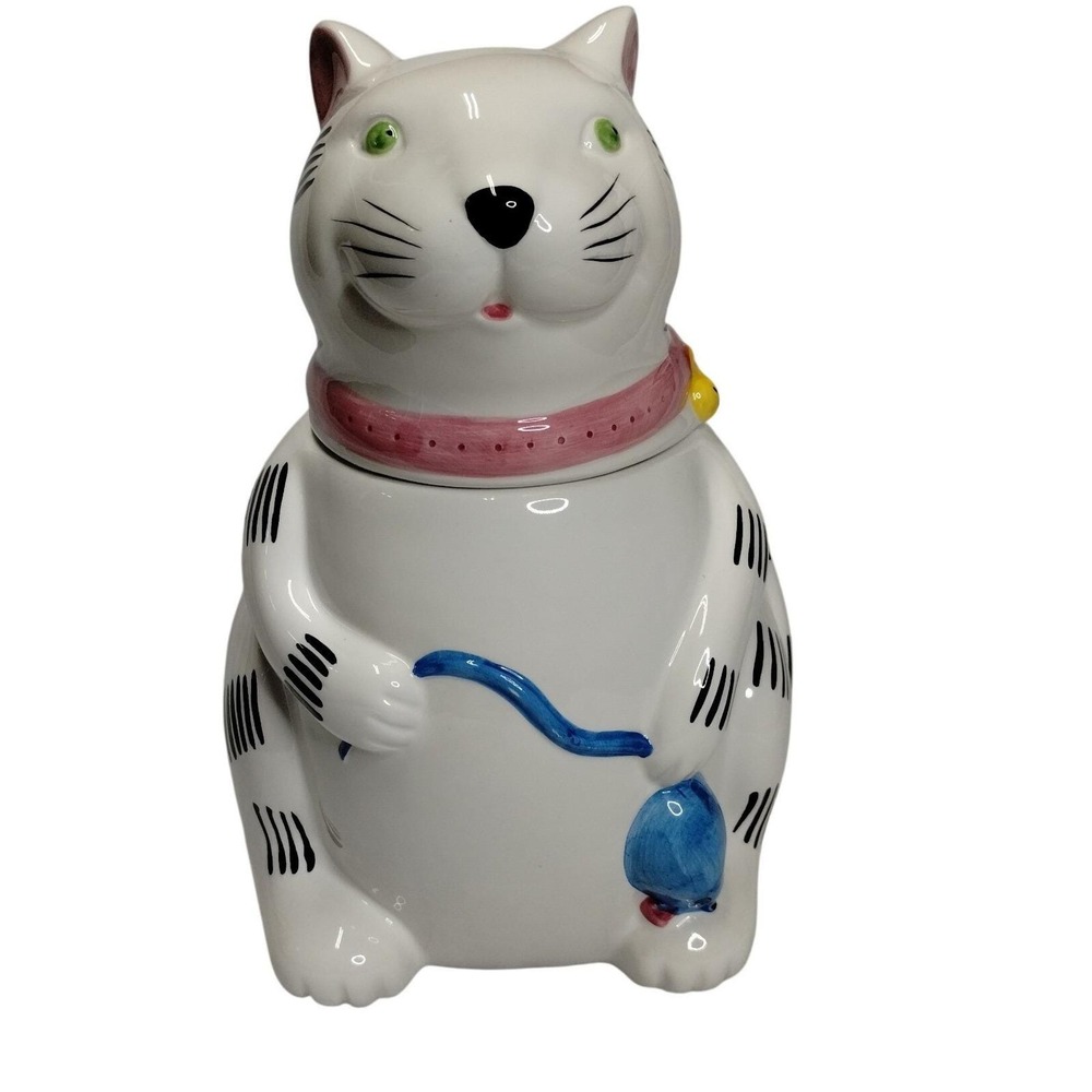 Vintage Ceramic Cat Cookie Jar Taiwan White Cat w Mouse Yarn 1980s